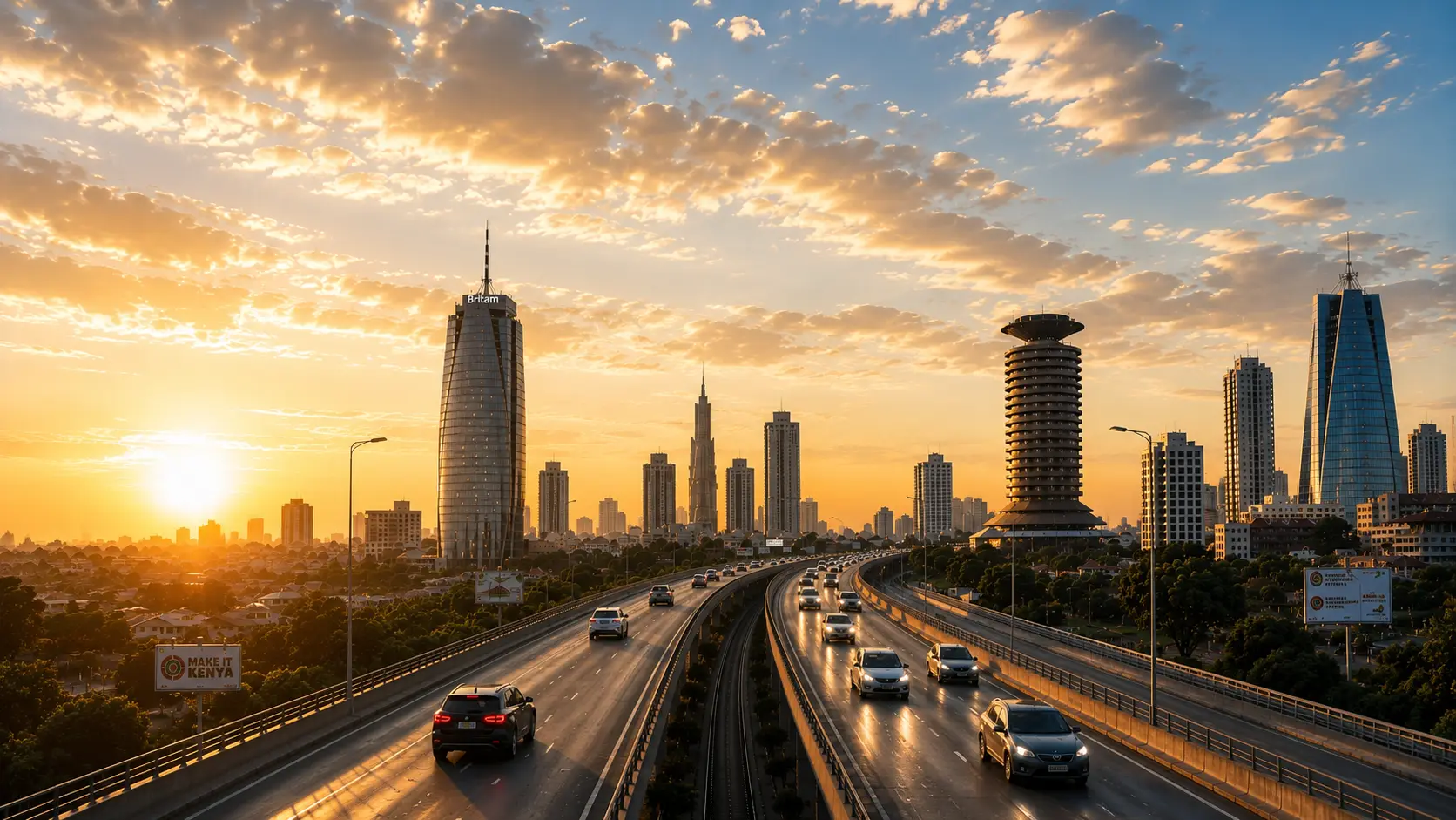 Nairobi Expressway at sunrise with city skyline